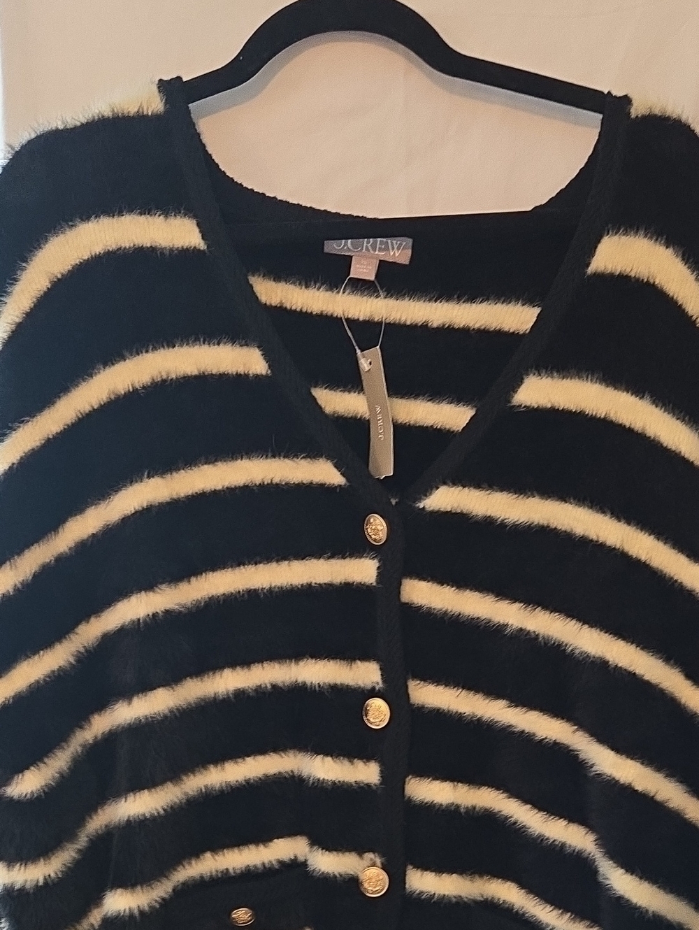 J. Crew Black & Cream Striped Fuzzy V-Neck Cardigan